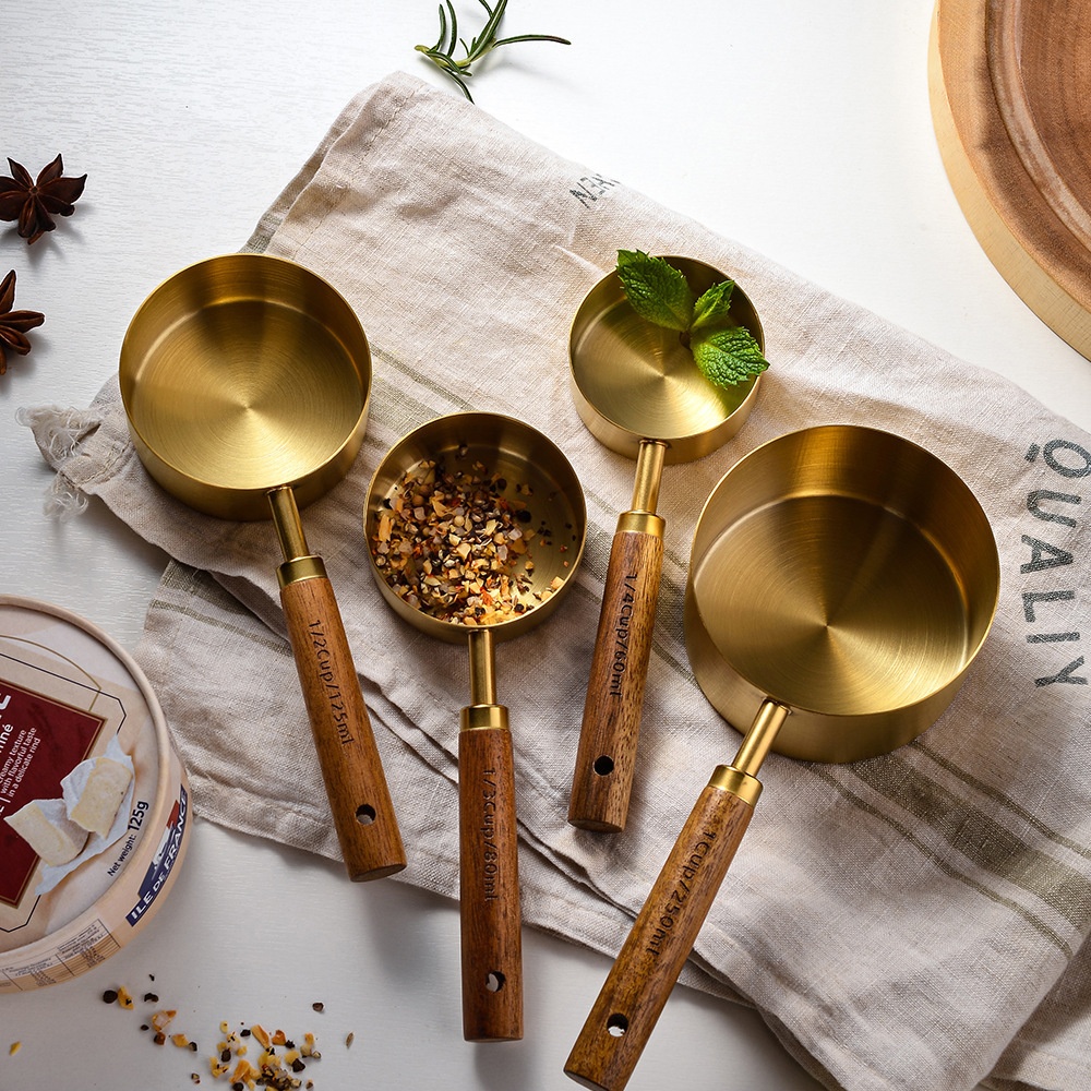 Acacia Wood Handle Stainless Steel Gold-plated Measuring Cup Measuring Spoon Set Eight-piece Baking Cooking Quantitative Measuring Cup