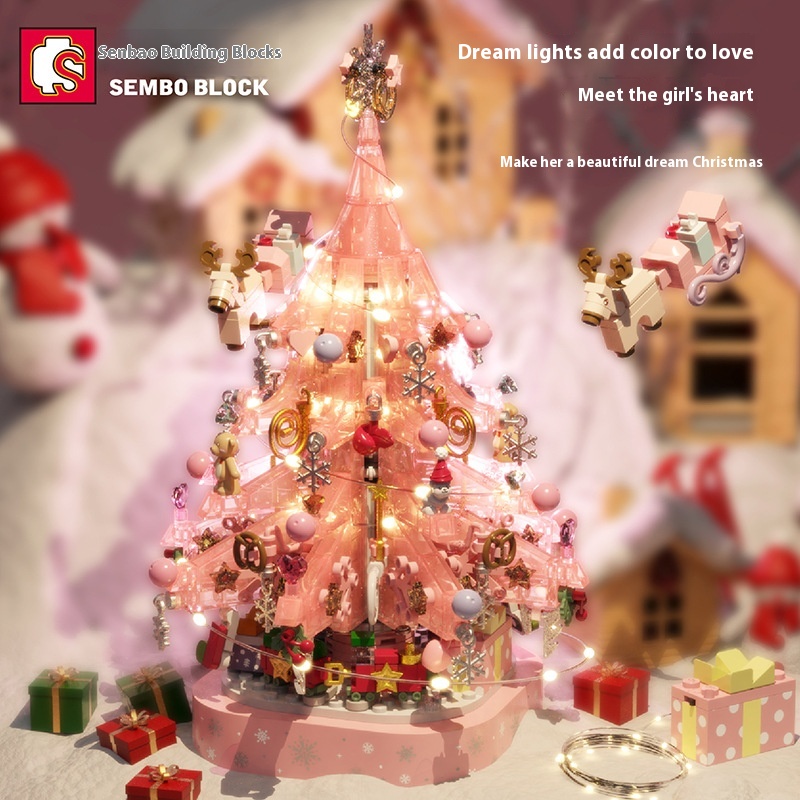 Senbao605024 Pink Crystal Christmas Tree Music Box Girl Assembled Small Particles Christmas Gift Model
