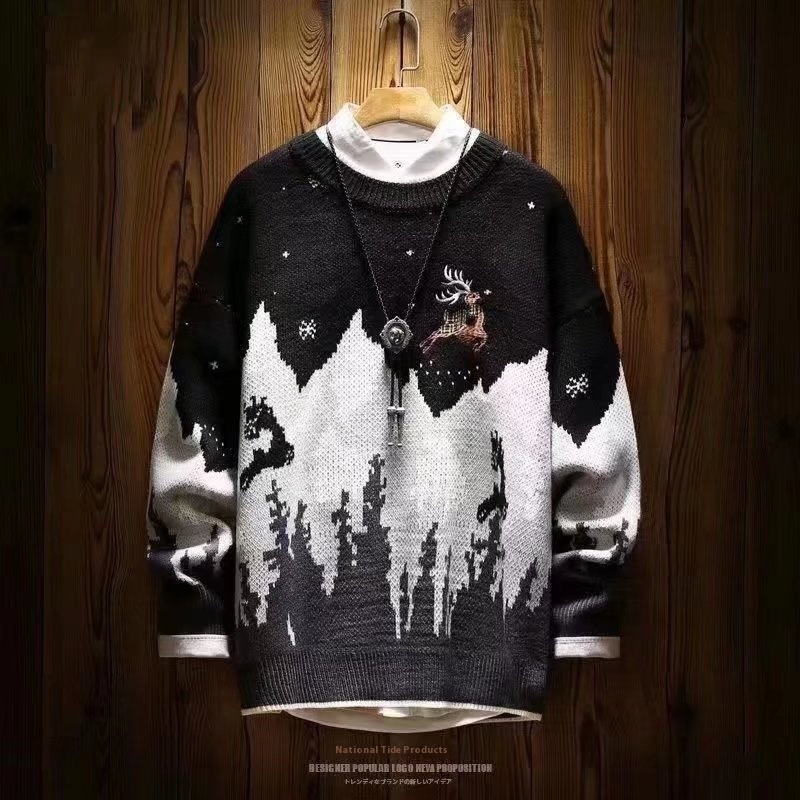 Snow Mountain Reindeer Embroidered Christmas Sweater:Japanese Vintage Fleece-Lined Thickened Knitwear