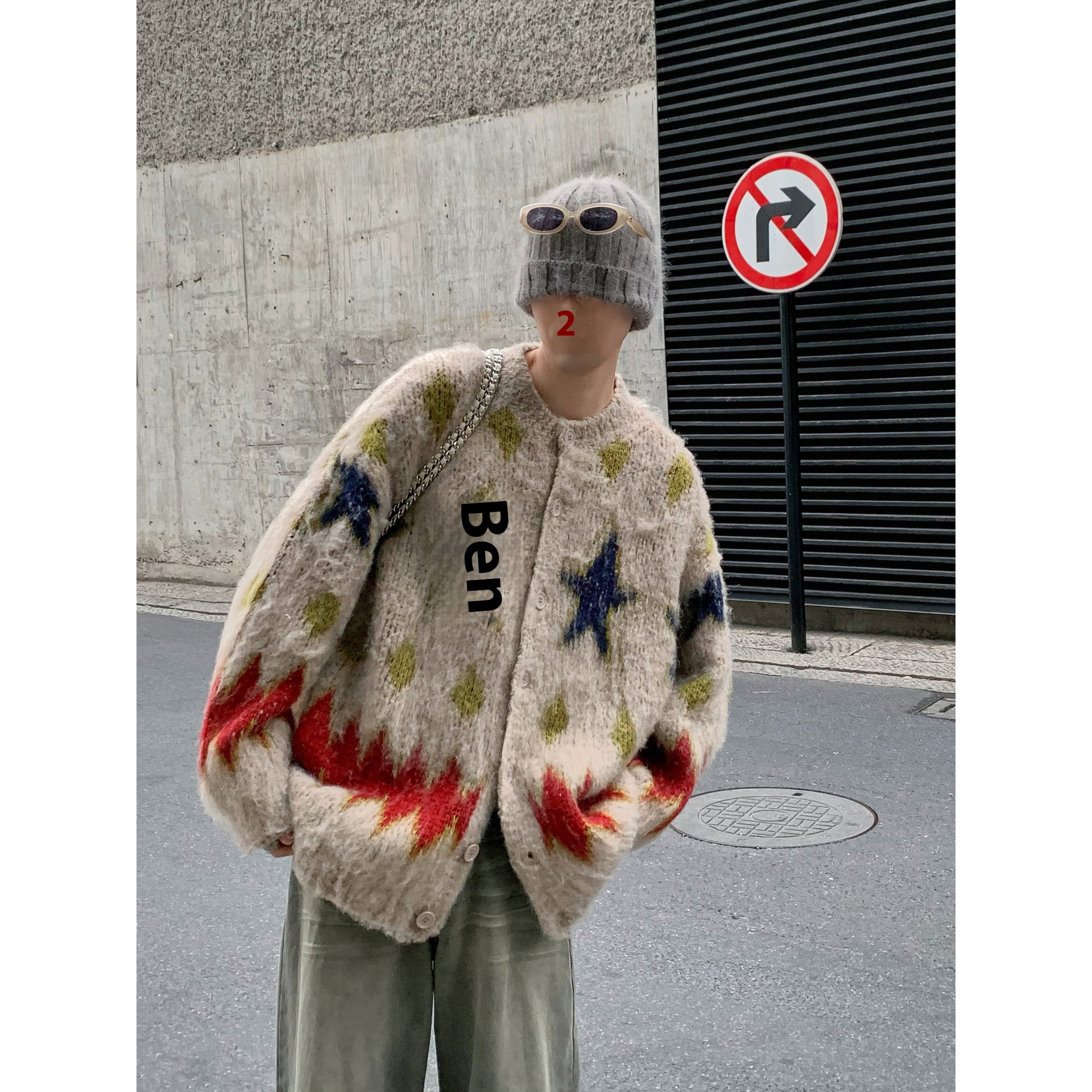 Christmas Atmosphere Sweater:Loose-Fit Vintage Star And Diamond Pattern Knit Cardigan In Relaxed Style