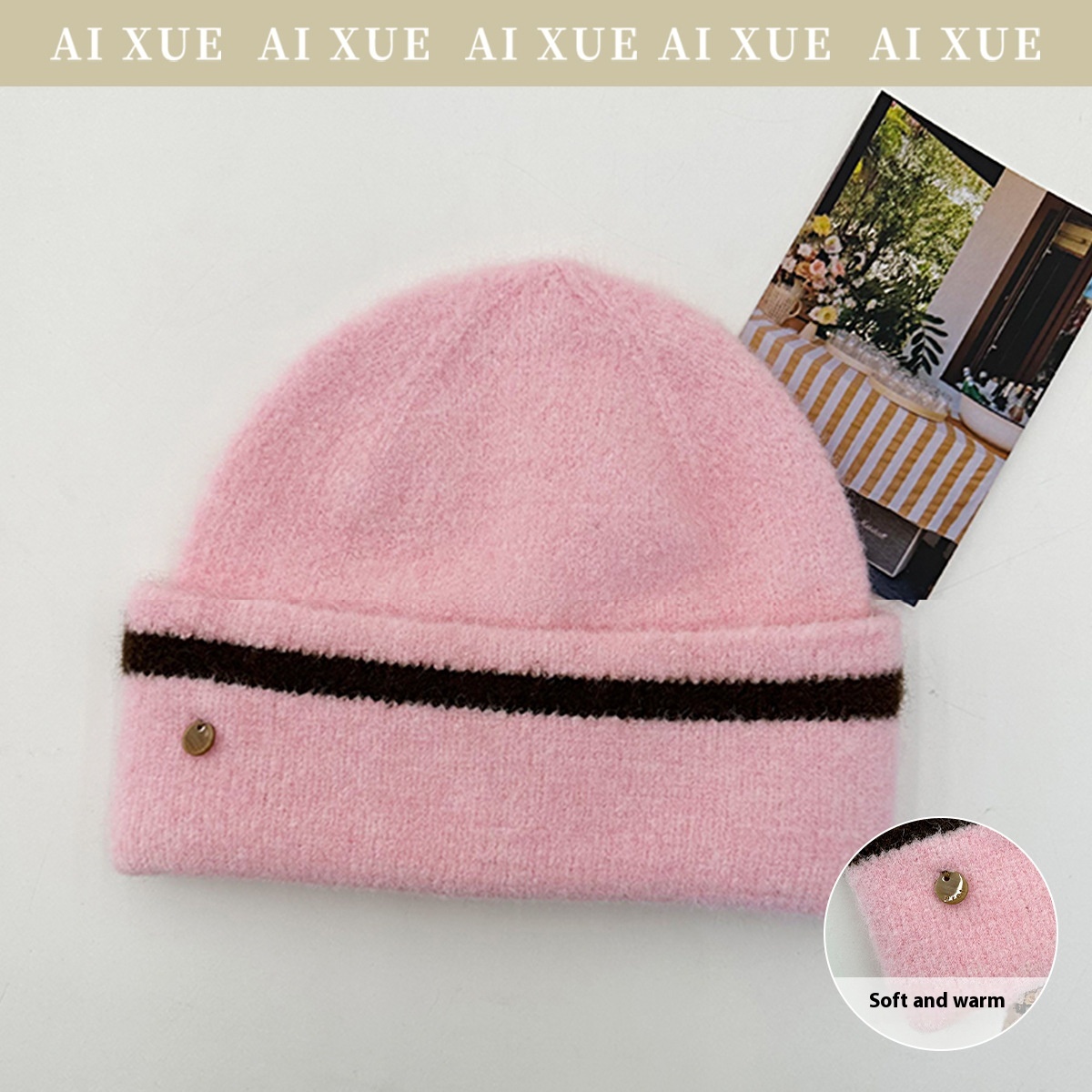 Korean Solid Color Striped Edge Button Pink Knitted Wool Hat For Women Autumn And Winter Warm And Cold-proof All-match Pullover Hat For Men