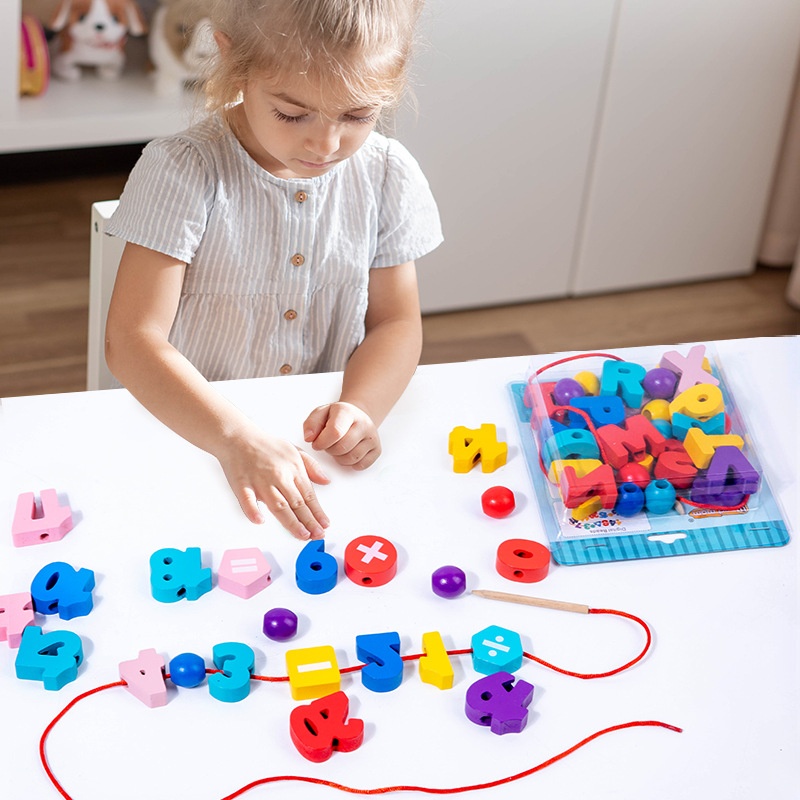 Wooden Beads Children's Early Education Puzzle Cognition Uppercase And Lowercase Letters And Numbers Arabic Beaded Building Blocks