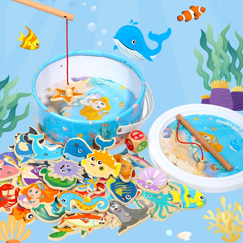 Fishing Toy Children Magnetic Fish Wooden Toddler Bucket Marine Animal Cognitive Interactive Toy Fishing Game
