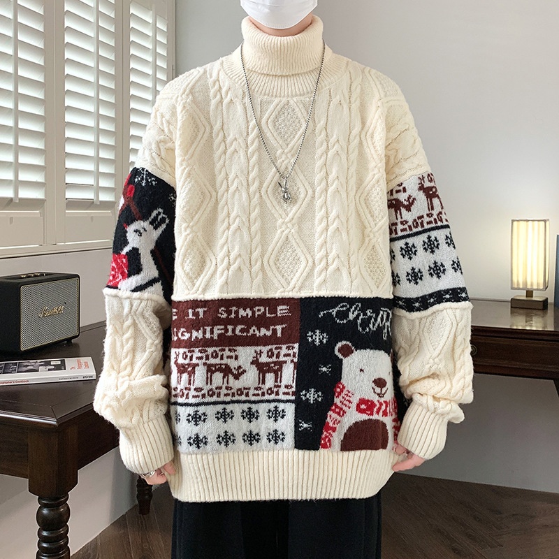 Turtleneck Sweater:Christmas Bear Knitwear,Loose-Fit Design For Couples