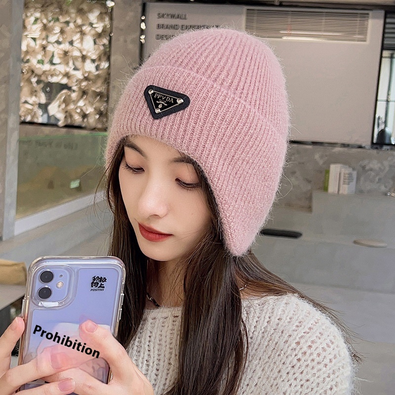 Rabbit Fur Hat For Women Autumn And Winter Versatile Fashion Triangle Label Ear Protection Winter Plus Velvet Warm Pink Knitted Wool Hat