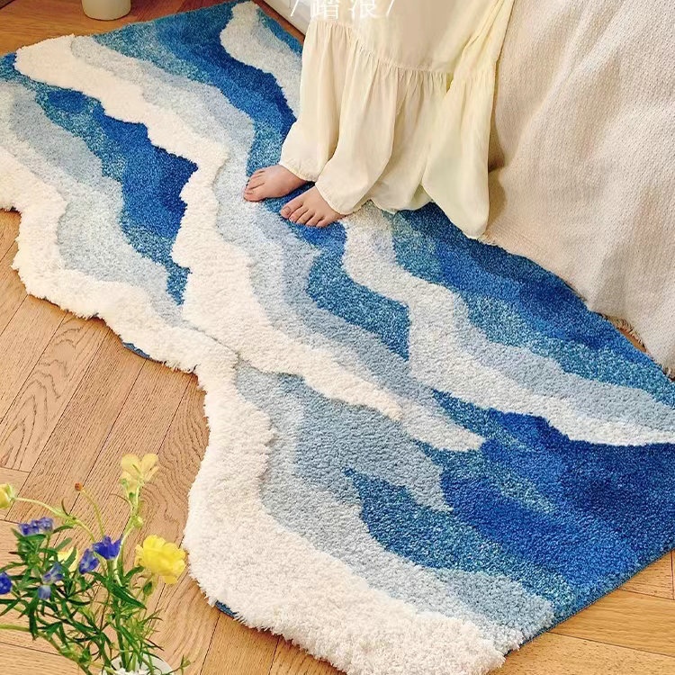 Flocking Bedroom Carpet Special-shaped Living Room Style Light Blue Wave Non-slip And Dirt-resistant Bedside Carpet Mat