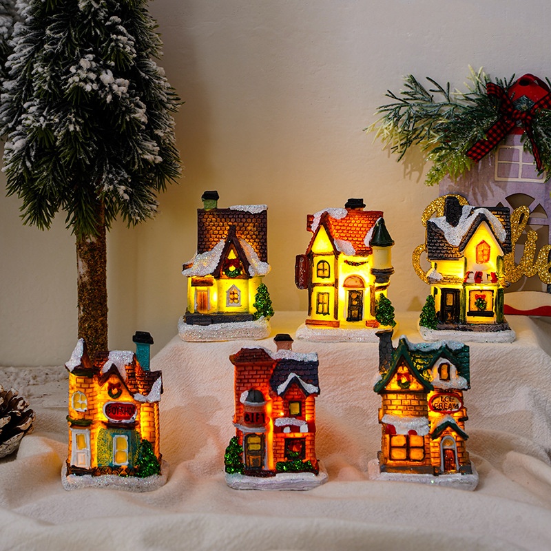 Christmas Decorations Resin Christmas House Micro Landscape Luminous Snow House Ornaments Christmas Gift