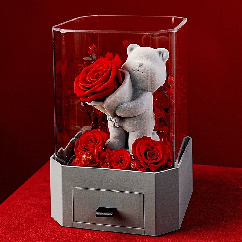 Christmas Forever Flower Flocking Bear Rose Acrylic Gift Box