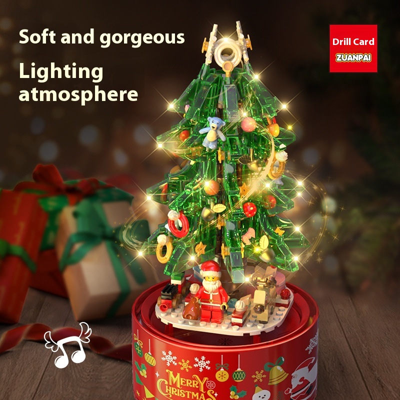 Christmas Assembled Building Blocks Rotating Music Box Creative Gift Space Castle Small Particle Puzzle Assembled Building Blocks