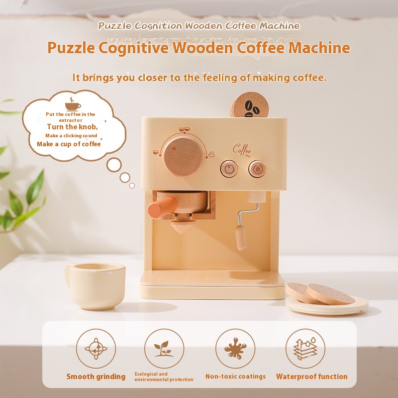Wooden Play House Children's Simulation Coffee Machine Tea Set Kitchenware Suit Wooden Educational Early Education Building Blocks Toys