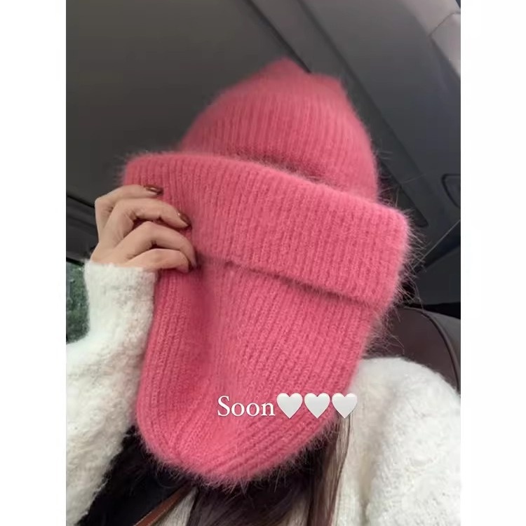 Korean Pink Rabbit Fur Knitted Wool Hat For Women Autumn And Winter Internet Celebrity Style Small Face Windproof Warm Pile Hat For Women