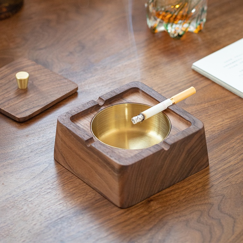 Chinese Style Wooden Household Ashtray With Lid National Portable Creative Ornaments Wooden Solid Wood Ashtray
