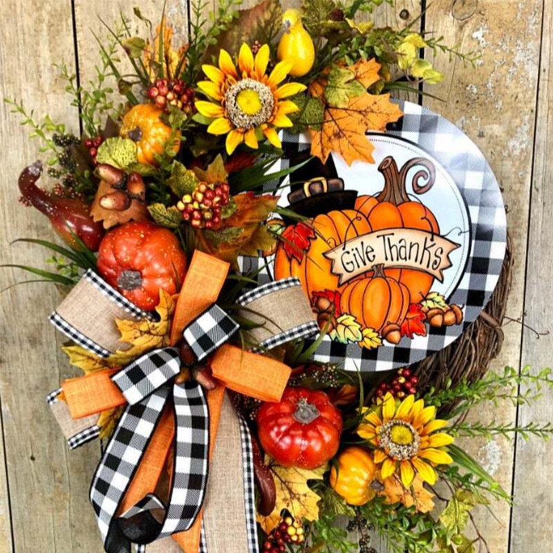 Port Love Wooden Sign Decoration Thanksgiving Sunflower Autumn Pumpkin Wreath Simulation Plant Door Hanging