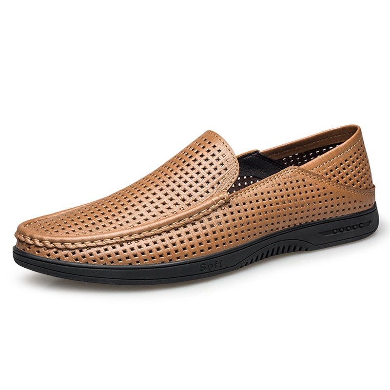 Summer Men's Hollow Breathable Leather Shoes Low-top Slip-on Casual Leather Shoes Driving Leather Shoes