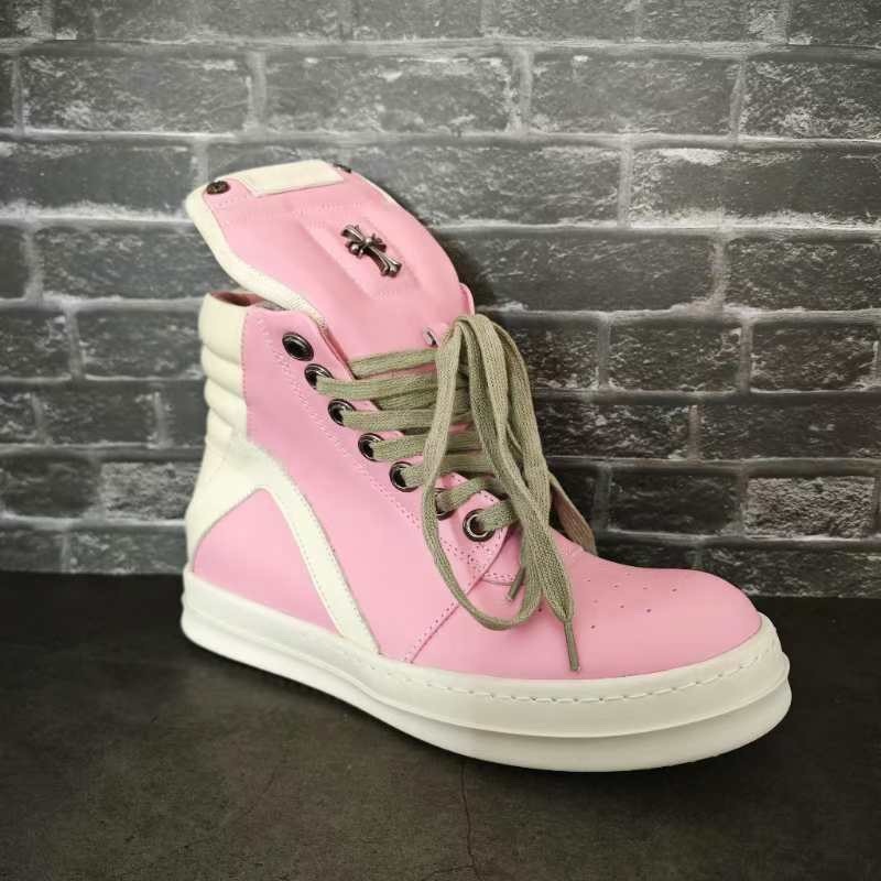 ROBig Hook Inverted Triangle High-top Shoes Black And White Shoes Genuine Leather Large Size Thick Bottom European And Americany Short Boots Pink Couple Boots