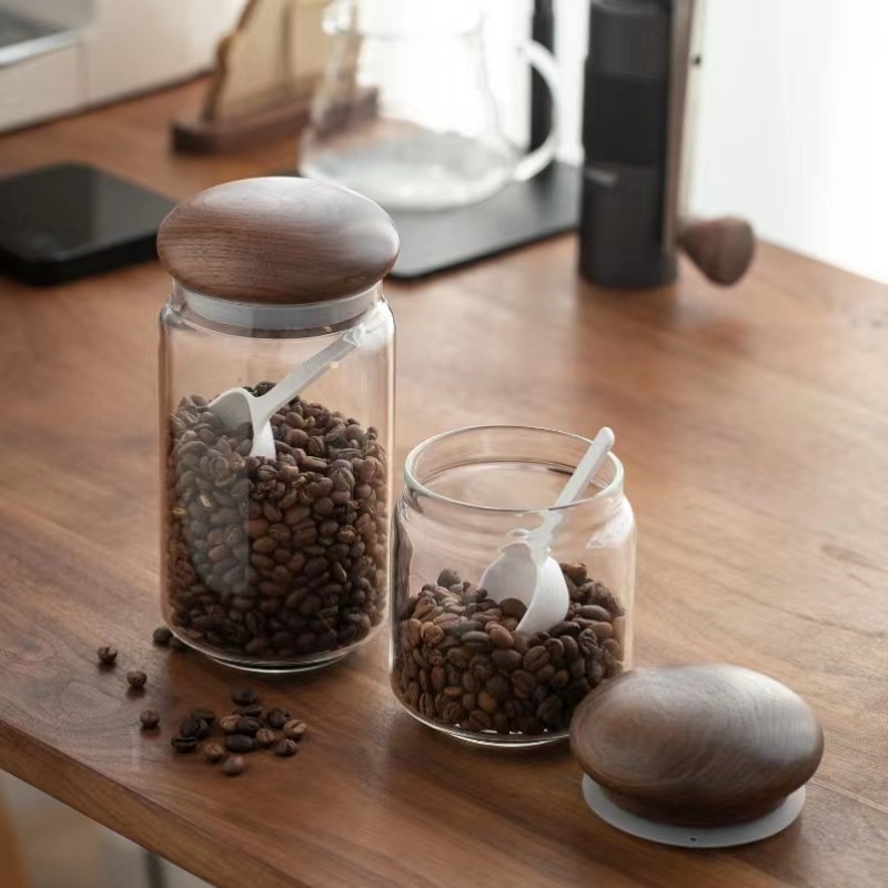 Creative Storage Jar Wooden Cover Storage Glass Jar Coffee Beans Gra Transparent Sealed Jar Moisture-proof Storage Jar