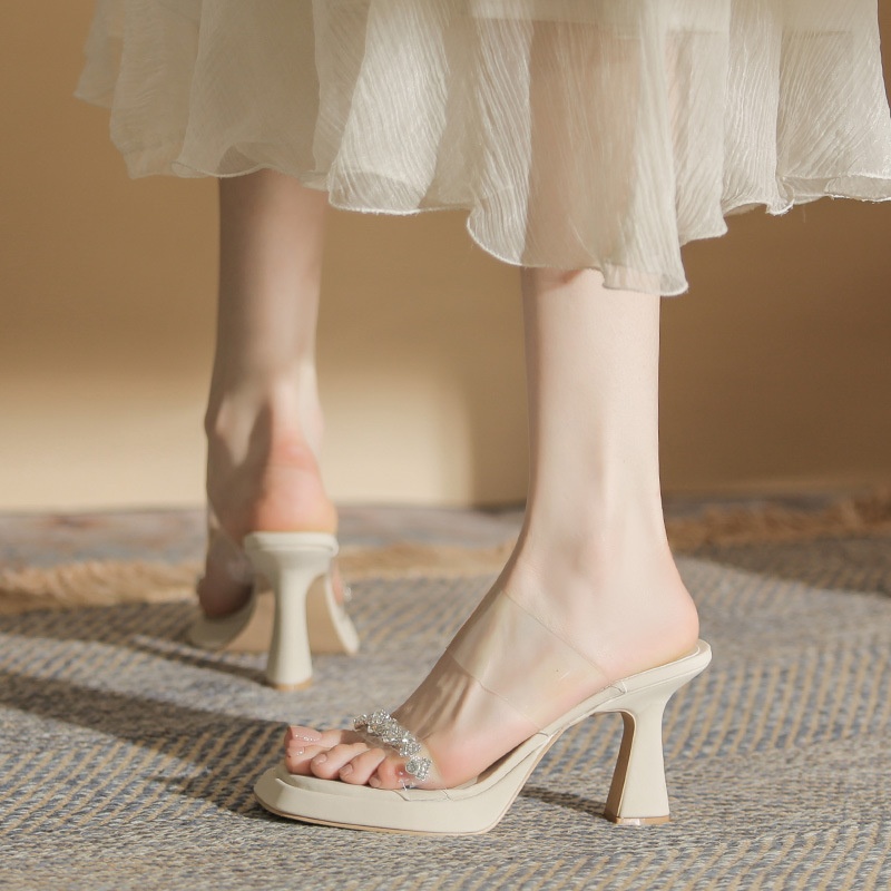 973-K47 Open-toe High Heels Single Shoes French Style Thick Heels Niche Back Empty Sandals Transparent Outdoor Beautiful High Heels
