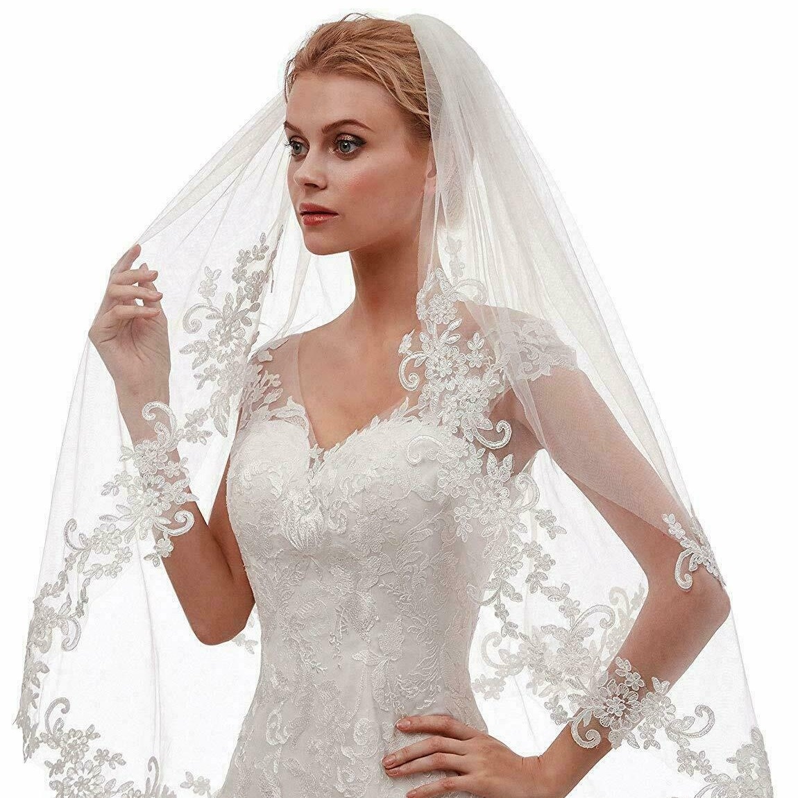 European And American Foreign Trade Wedding Bridal Veil White Ivory Embroidery Applique Double Layer With Comb Veil Fingertip Length