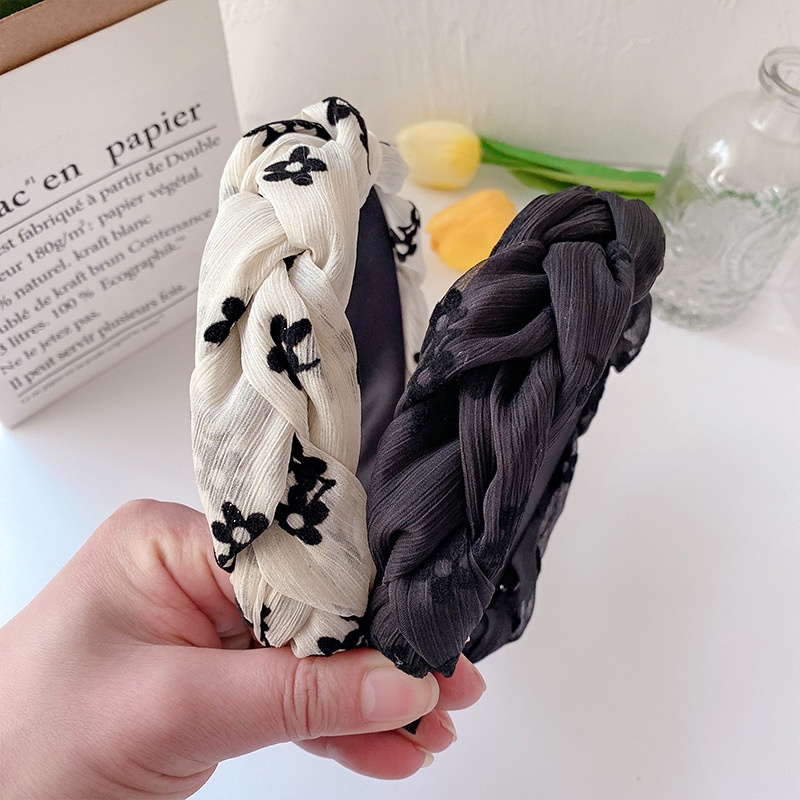 Internet Celebrity Female Mesh Flower Korean Version Twist Headband French Style Face Wash High Skull Hairpin Hair Pressing Headdress Wide Brim Headband