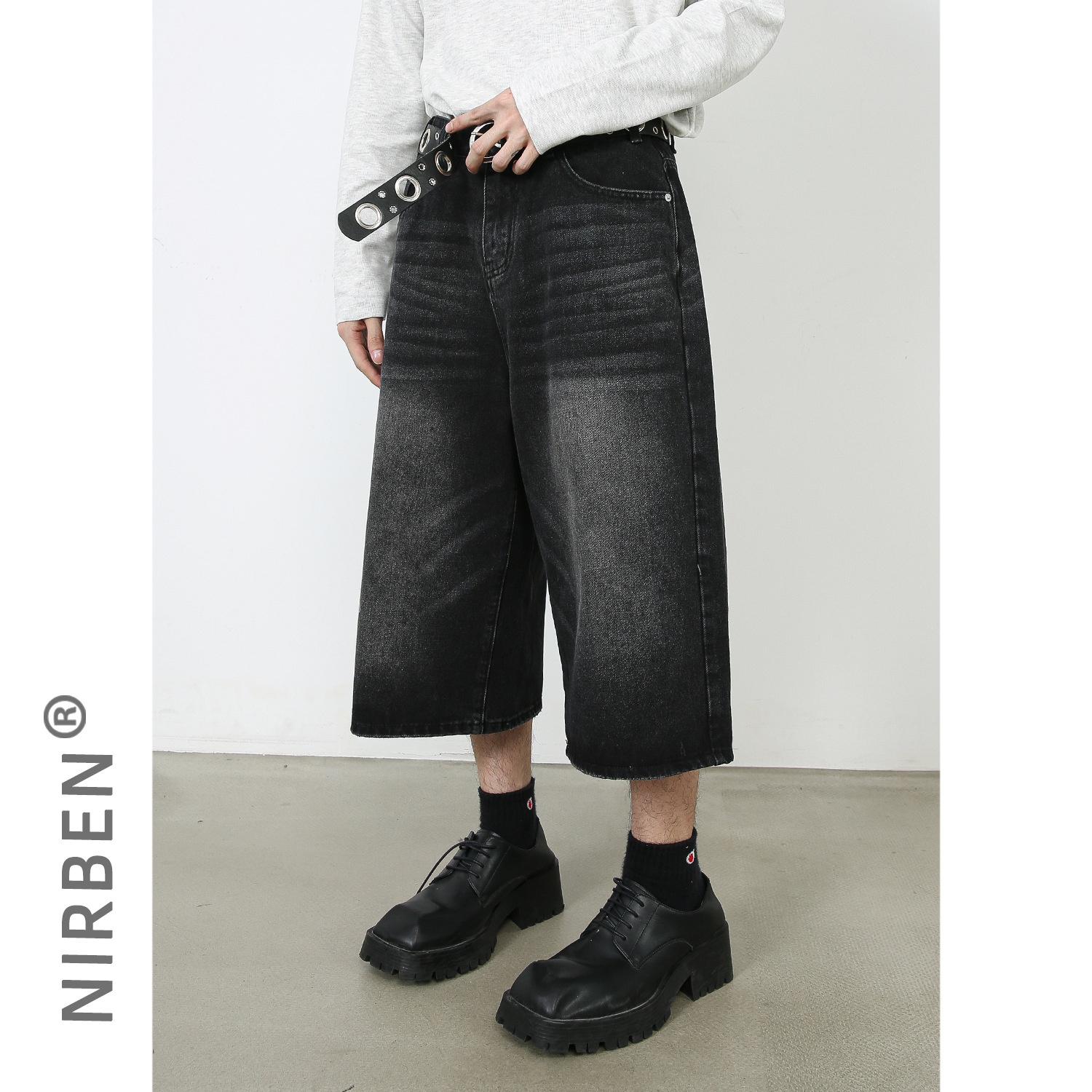 Nirben Denim|American Black And Gray Wide-leg Loose Denim Cropped Trousers Korean Styley Men's Wide-leg Trousers