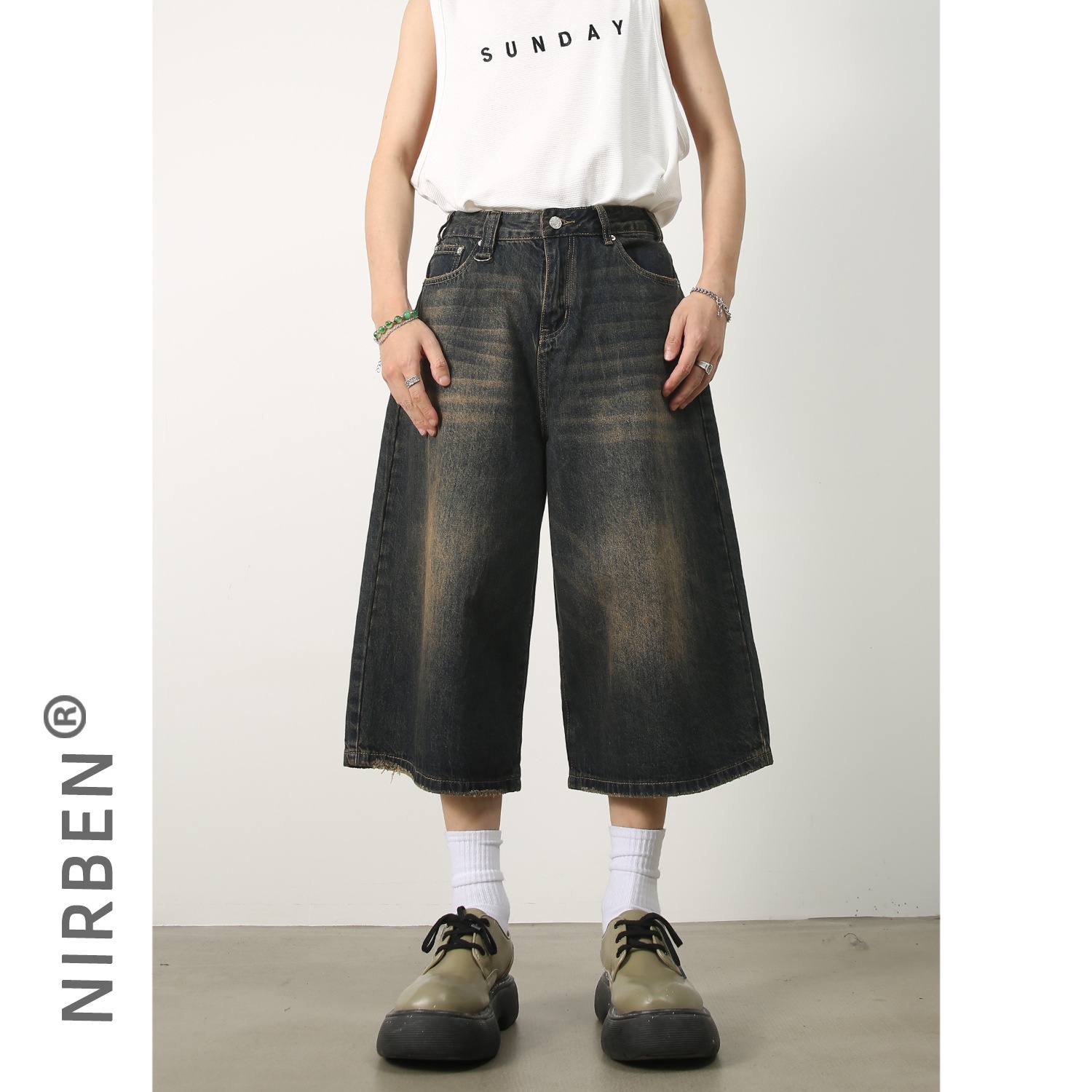 Nirben Denim|American Retro Distressed Denim Shorts Versatile Loose Wide-leg Straight Cropped Trousers