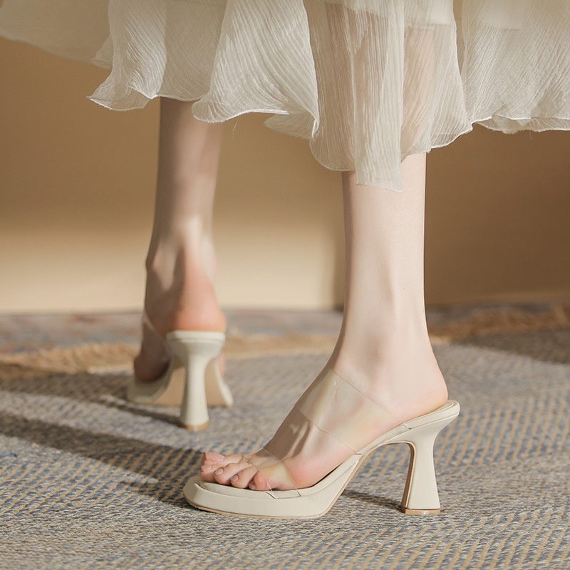 973-0 Open-toe High Heels Single Shoes French Style Thick Heels Niche Back Empty Sandals Transparent Outdoor Wear Beautiful High Heels Women