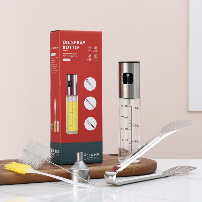 304 Stainless Steel Oil Sprayer Spray Press Type Mist Oil Spray Bottle Barbecue Clip Brush Stainless Steel Funnel Set