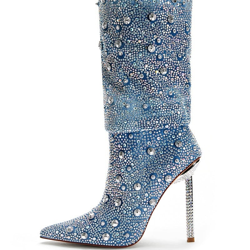 Denim Rhinestone Pointed Thin Heel Women's Boots Full Fashion Rhinestone High Heel Women's Short Boots