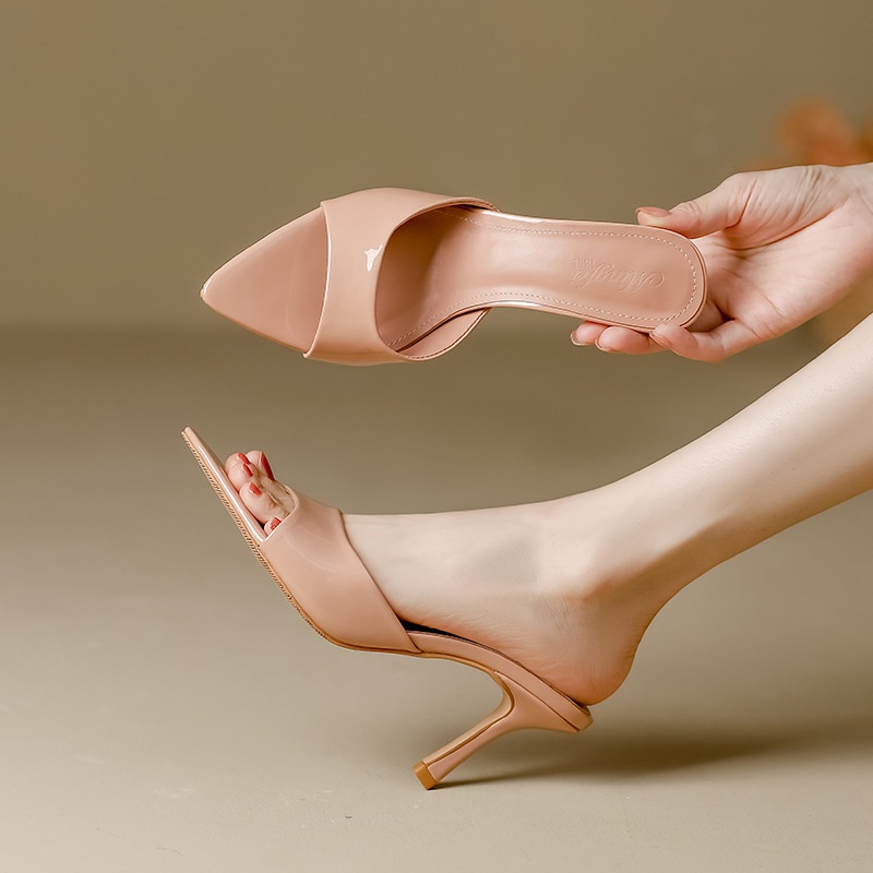 Patent Leather High-heeled Sandals Summer Versatile Stiletto Pointed Open-toe Sexy Outdoor Slippers