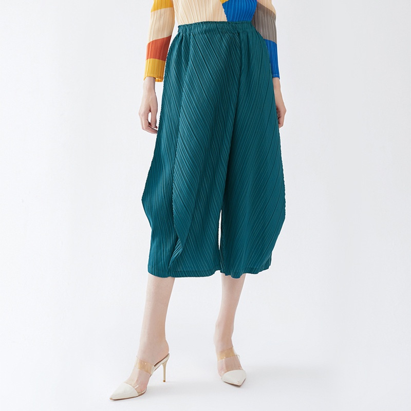Spring Style Pleated Fashion Style Bloomers Korean Style High Waist Wide Leg Loose Solid Color Casual Mid-length Trousers For Women