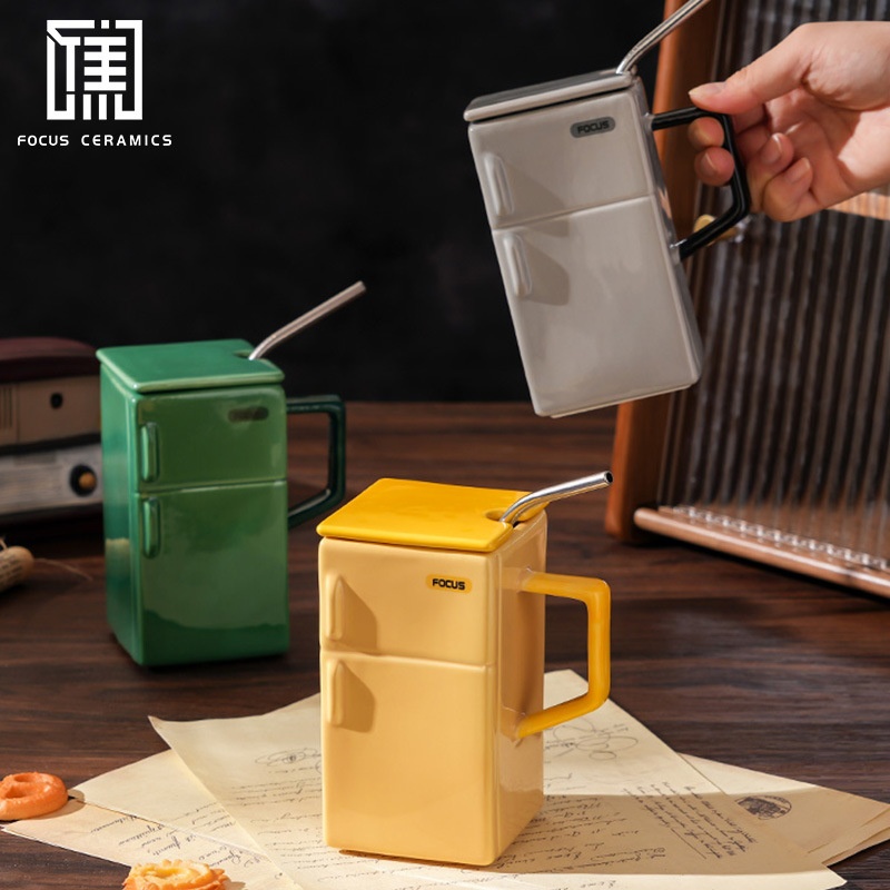 Creative Retro Refrigerator With Lid Straw Ceramic Cup Funny Office Coffee Mug