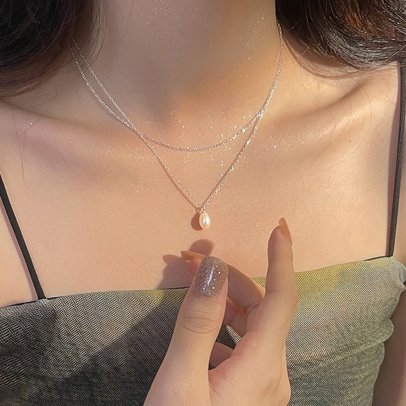 925 Sterling Silver Freshwater Pearl Pendant Double Necklace Female Clavicle Chain French Retro Girlfriend Gift Pendant Silver