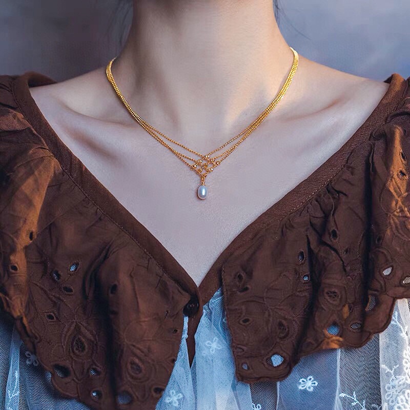Retro Palace Style Natural Freshwater Pearl Necklace Female Niche High-end14k Gold-filled Multi-layer Lace Clavicle Chain