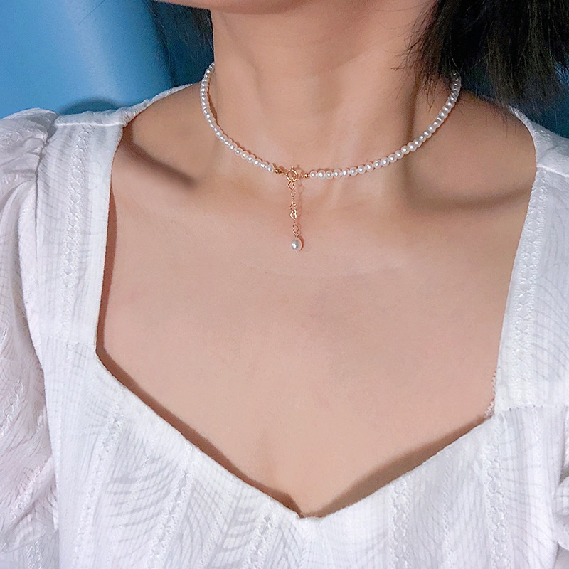 3-4mm Small Natural Freshwater Pearl Necklace American14k Gold-plated Light Luxury Choker Clavicle Chain