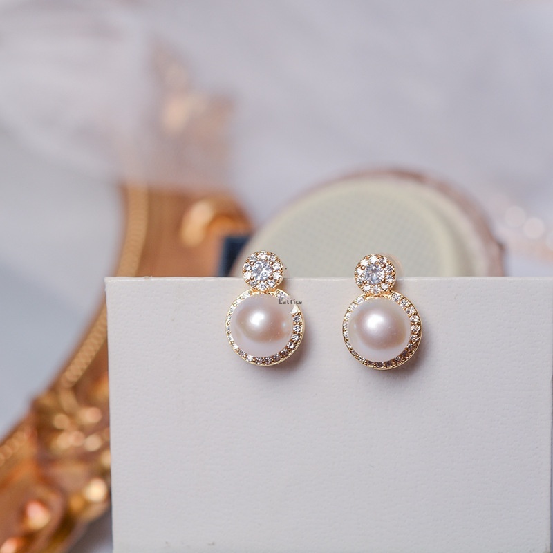 High-grade Zircon Inlaid Earrings French Retro14k Gold-filled Natural Freshwater Pearl Earrings Silver Needle Female