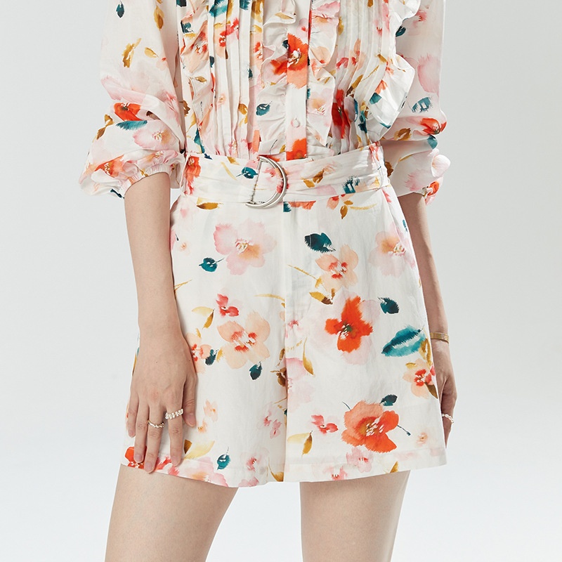 Summer Women's Printed Shorts With Belt For Slimming A-line,Small And Tall Viscose All-match High Waist Hot Pants