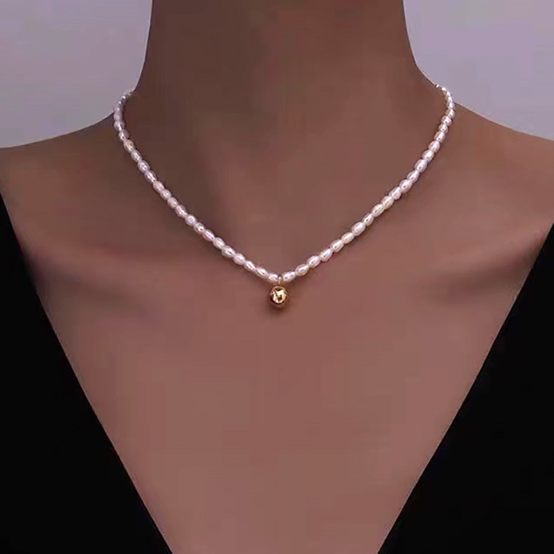 Japanese And Korean Natural Freshwater Pearl Necklace Niche High-end14k Gold-filled Small Gold Ball Necklace Clavicle Chain