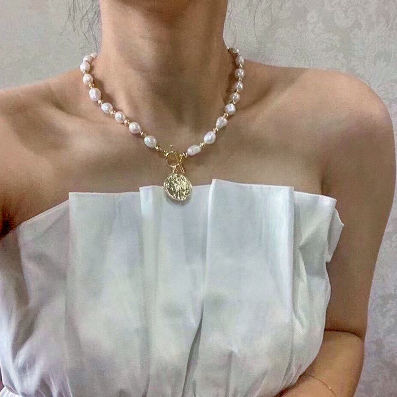 European And American Retro Coin Clavicle Chain High-grade14k Gold-filled Natural Baroque Freshwater Pearl Necklace Female Hot