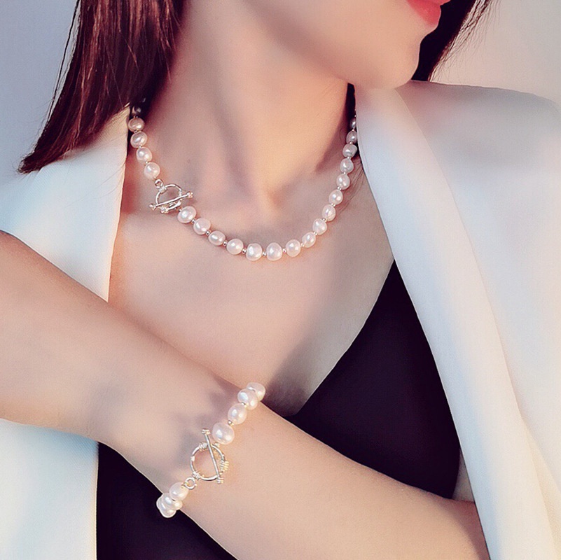 European And American Retro Creative Natural Baroque Pearl Bracelet Necklace Set Net Red14 KGold OTBuckle Set Female