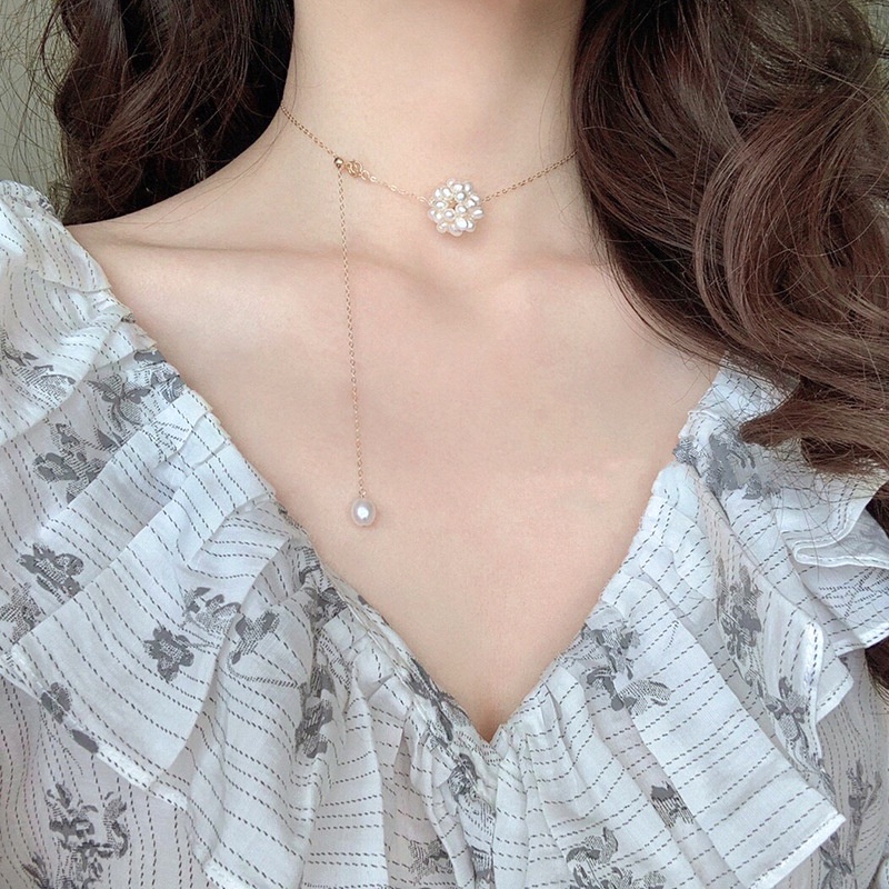 Japanese And Korean Commuting Adjustable Natural Freshwater Pearl Passepartout Necklace Female Niche Hydrangea Clavicle Chain