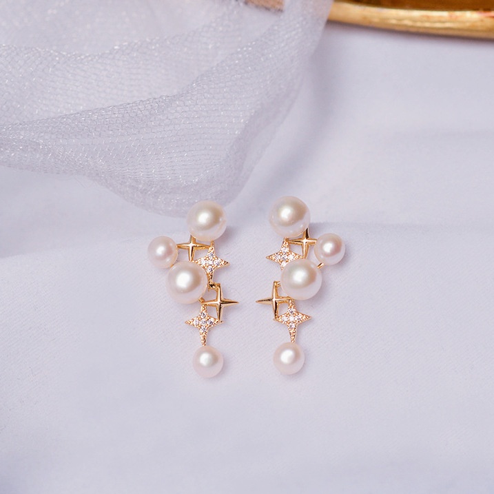 French Retro Star Earrings Niche High-end925 Silver Needle Small Fragrance Style Natural Freshwater Pearl Earrings For Women