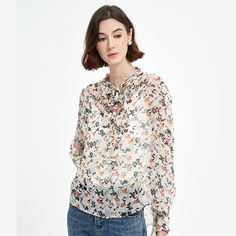[Special Offer]Summer Printed Silk Sun Protection Shirt For Women,Mulberry Silk Long-sleeved Loose Chiffon Lace-up Blouse Top