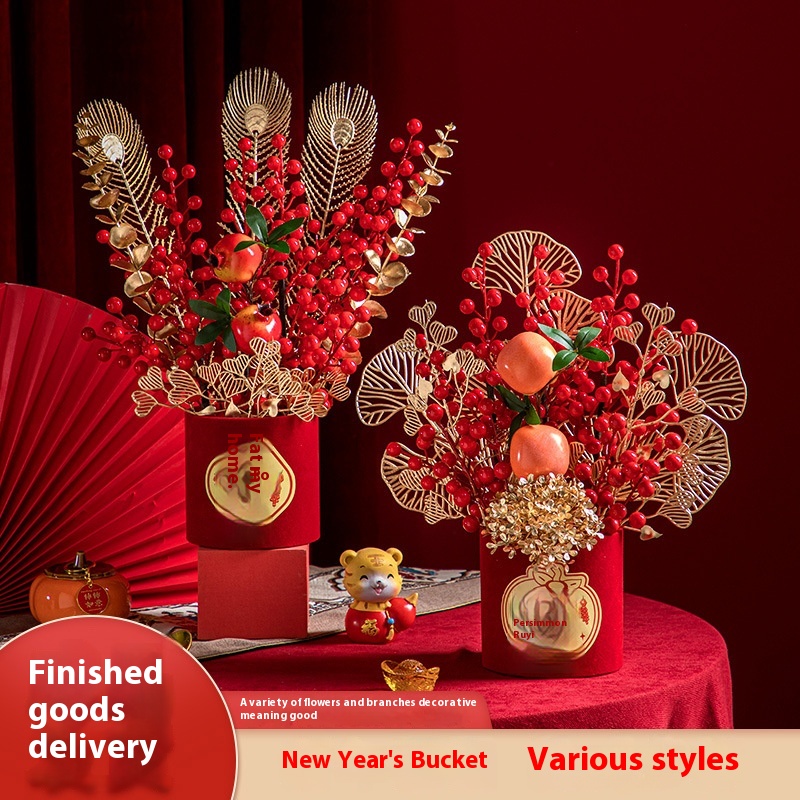 Lucky Bucket Decoration Ornaments Spring Festival Year Arrangement Ceremony Supplies Year's Day Flowers Fortune Fruit Red Fruit Hug Bucket