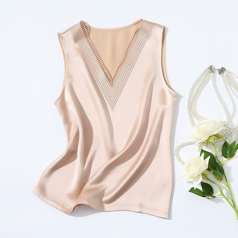Heavy Hollow Embroidery V-neck Acetate Satin Vest For Women Sleeveless Simple Temperament Solid Color Bottoming Top