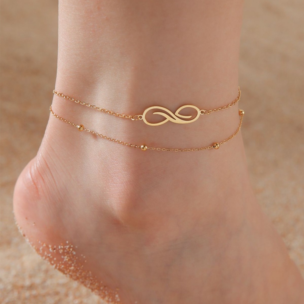 Bohemian Infinity Symbol Anklet–Stainless Steel Double-Layer Beaded Beach Anklet Accessory.