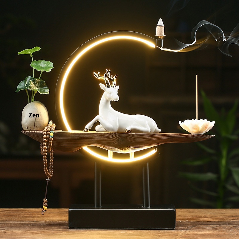 Light Ring White Porcelain Deer Creative Backflow Incense Burner Chinese Zen Home Furnishings Living Room Entrance Decoration Incense Burner