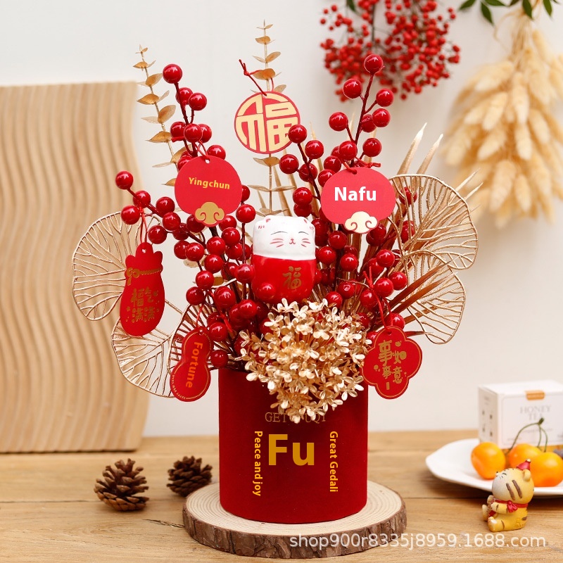 Year Flower Blessing Bucket Finished Product Simulation Flower Ornaments Spring Festival Year Year Of The Snake Year Decorations Hug Bucket Red Fruit
