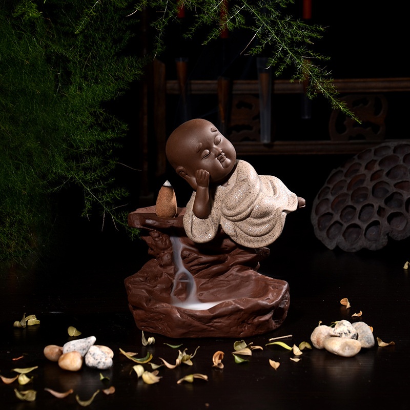 Backflow Incense Burner Purple Sand Crafts Flowing Water Small Monk Creative Flow Incense Burner Ceramic Tea Set Accessories Colored Sand Little Monk