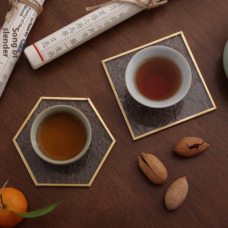 Begonia Flower Glass Coasterulation Pad Transparent Copper Edge Teacup Holder Mat Japanese Square Tea Ceremony Zen Coaster
