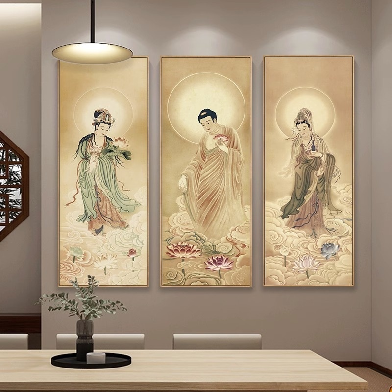 Western Three Holy Buddhas Guanyin Bodhisattva Buddha Murals Zen Living Room Background Wall Decoration Painting Central Hall Altar Hanging Painting